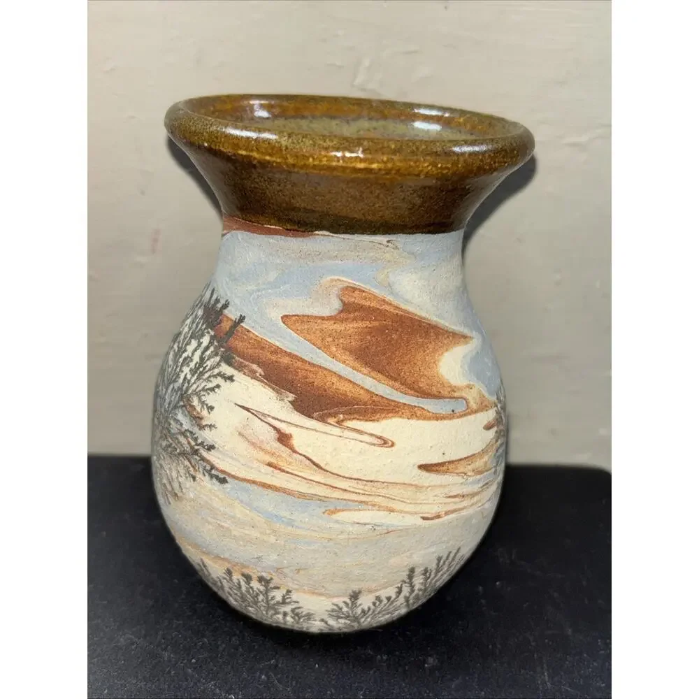 Potters Hand Pottery - Earthenware Vase w/ Painted Trees & Earthtone Background